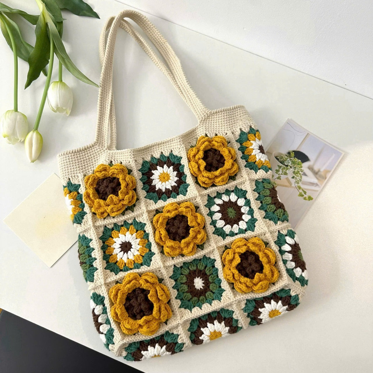 Handmade Sunflower Crochet Tote Bag – Boho Granny Square Purse | Boho Flower Purse