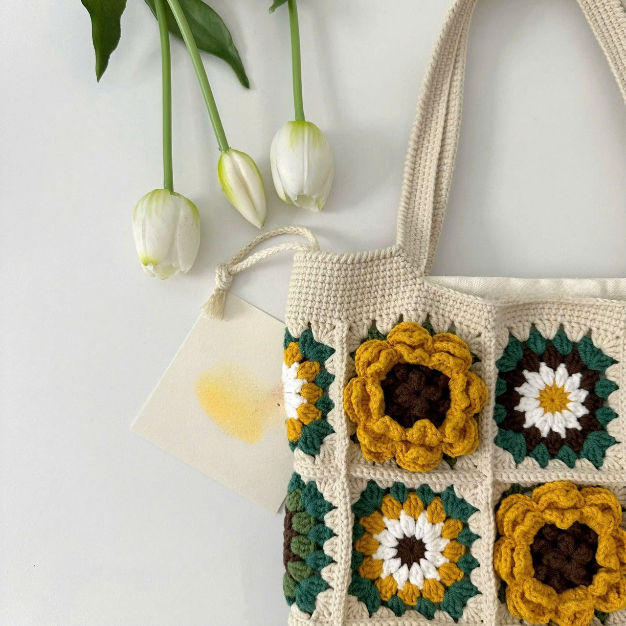 Handmade Sunflower Crochet Tote Bag – Boho Granny Square Purse | Boho Flower Purse