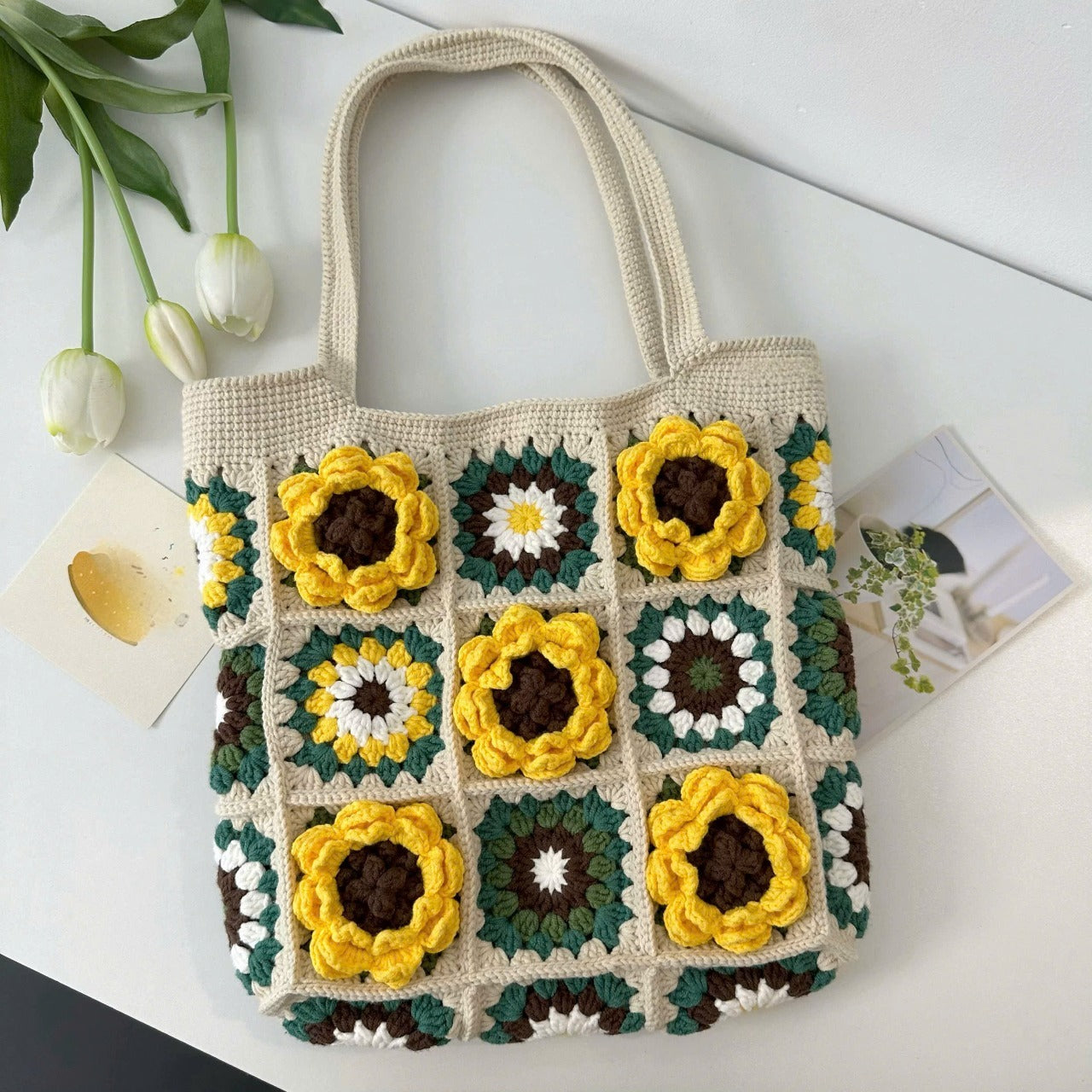 Handmade Sunflower Crochet Tote Bag – Boho Granny Square Purse | Boho Flower Purse