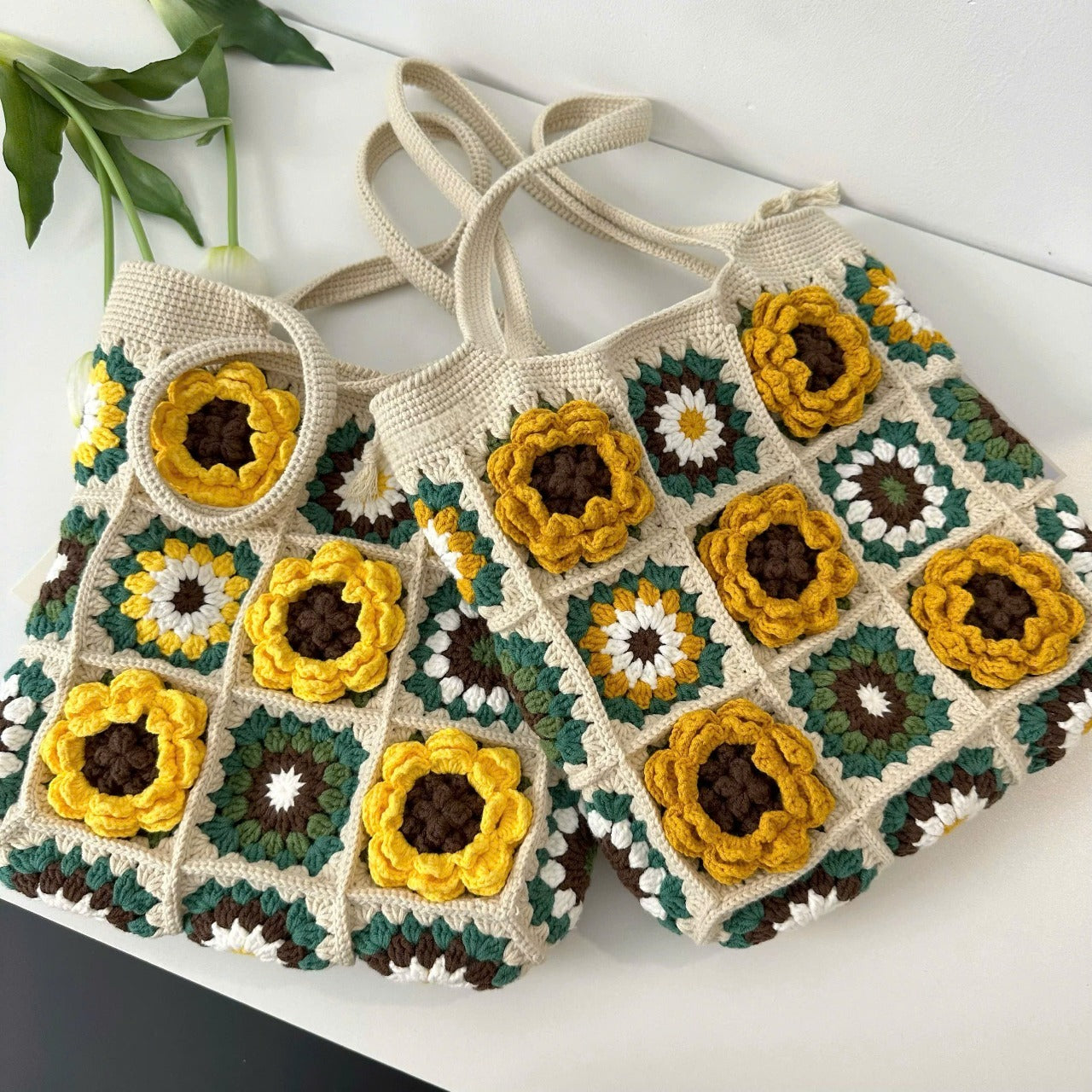 Handmade Sunflower Crochet Tote Bag – Boho Granny Square Purse | Boho Flower Purse