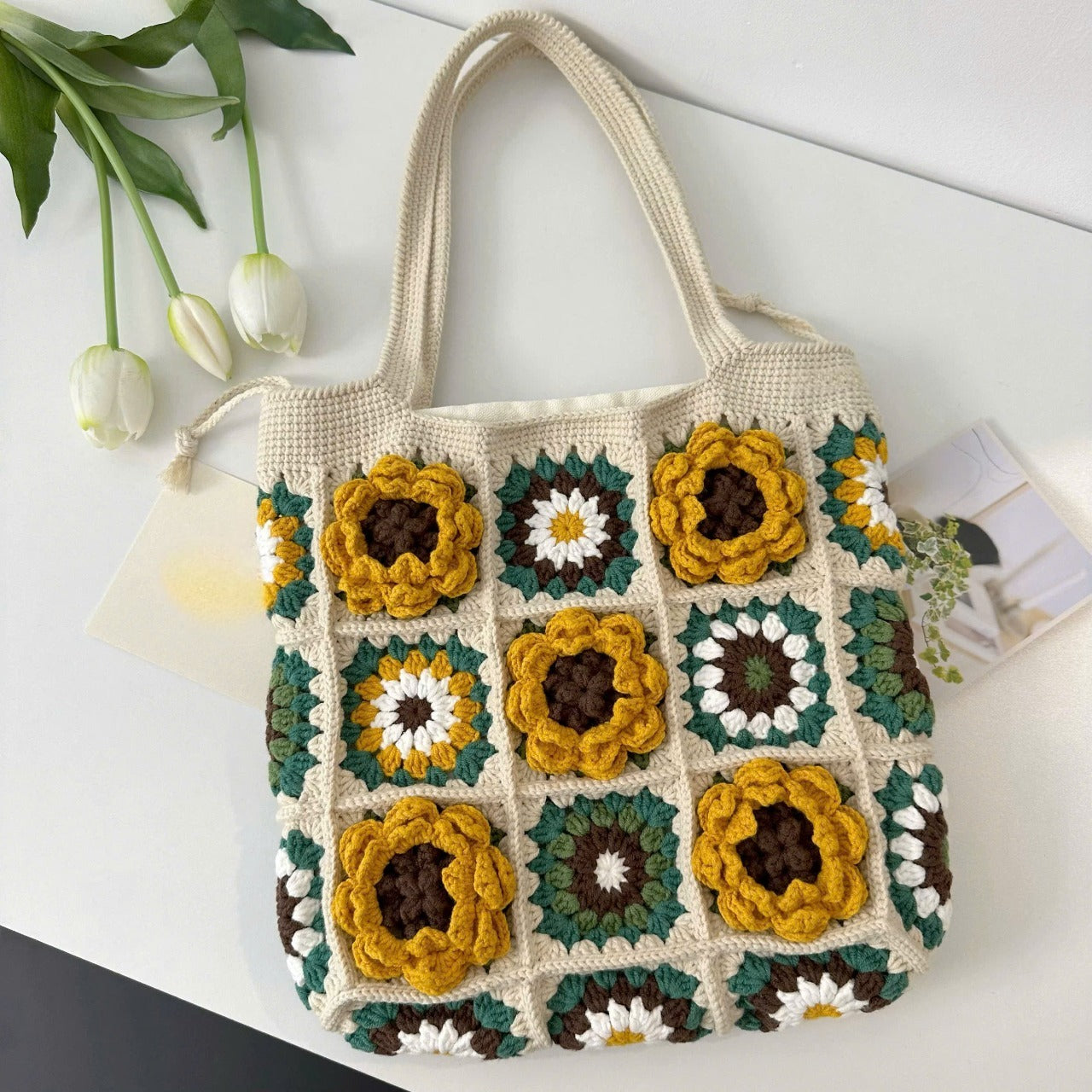 Handmade Sunflower Crochet Tote Bag – Boho Granny Square Purse | Boho Flower Purse