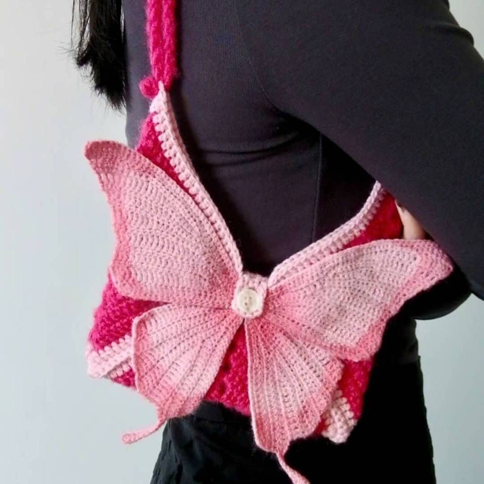 Butterfly Crochet Shoulder Bag – Handmade Pink Knit Purse | Cute Fairycore & Coquette Aesthetic Bag