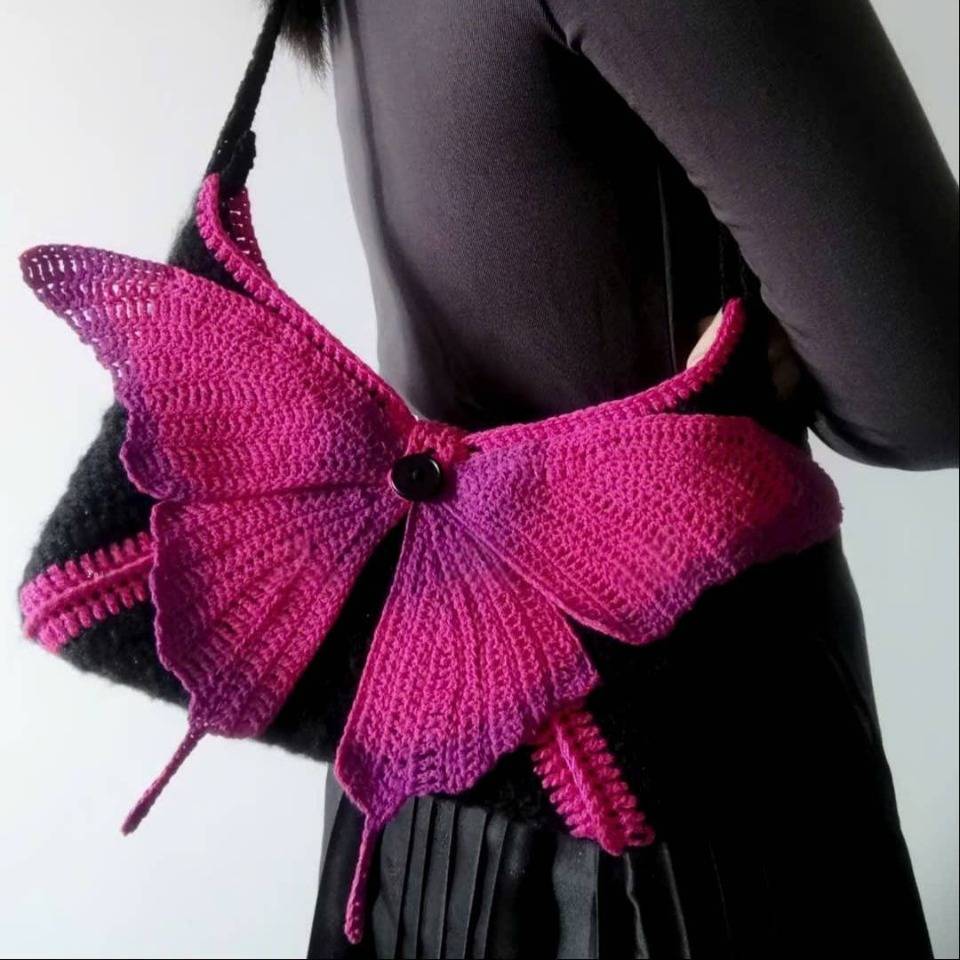Butterfly Crochet Shoulder Bag – Handmade Pink Knit Purse | Cute Fairycore & Coquette Aesthetic Bag