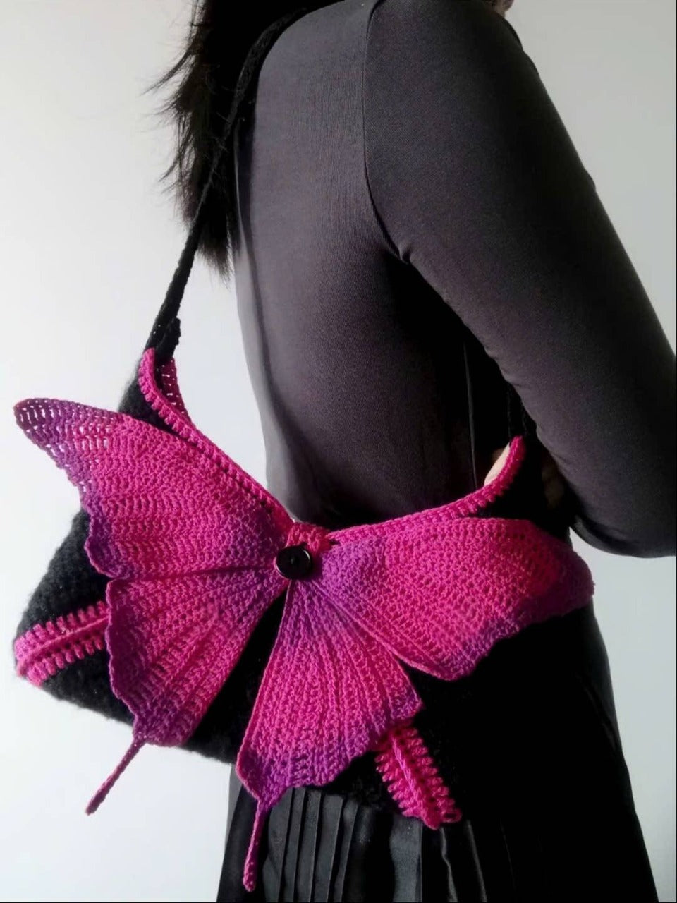 Butterfly Crochet Shoulder Bag – Handmade Pink Knit Purse | Cute Fairycore & Coquette Aesthetic Bag