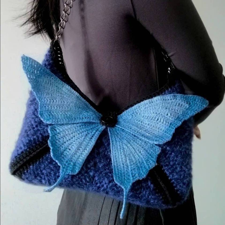 Butterfly Crochet Shoulder Bag – Handmade Pink Knit Purse | Cute Fairycore & Coquette Aesthetic Bag